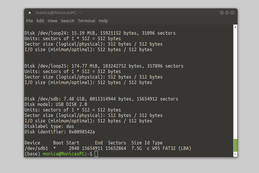 Capture d'écran de la commande fdisk dans le terminal