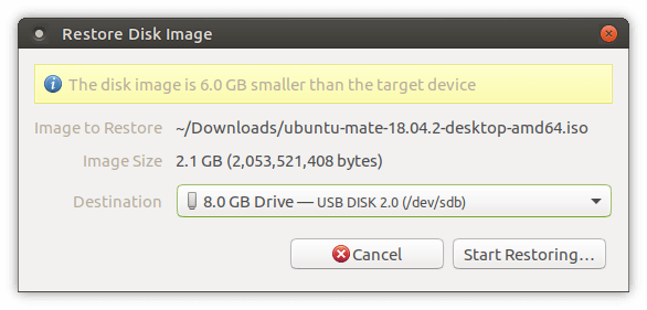 Screenshot of restore disk image prompt