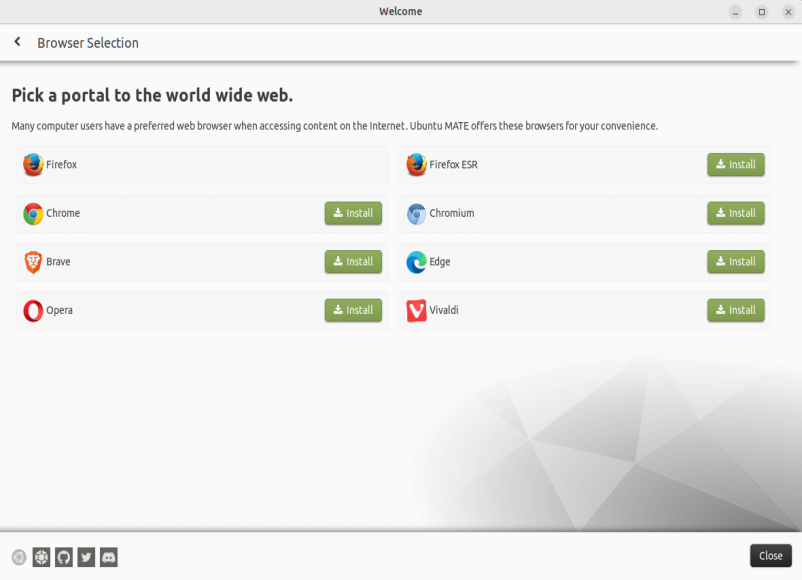 Приложение Welcome предлагает выбор браузера и оформления панелей